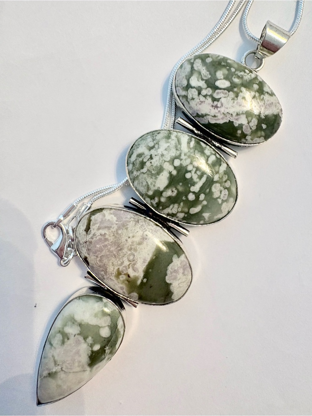Large, 4 stone, 4 inch,  Peace Jade pendant on a silver chain.
